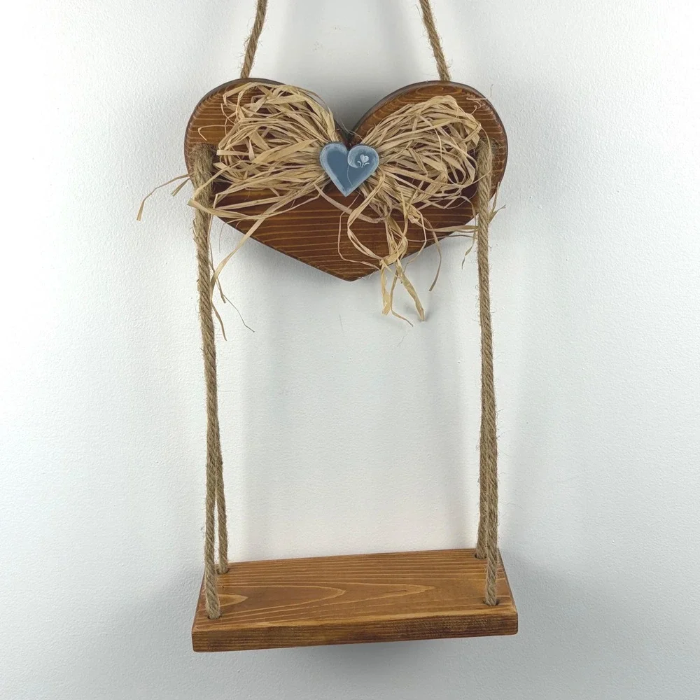 Rustic Wooden Heart Hanging Swing Shelf Brown Jute Rope Farmhouse Cottagecore